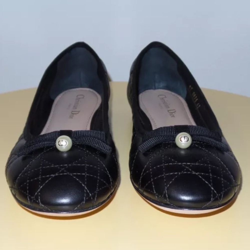 $980 CHRISTIAN DIOR BLACK QUILTED CANNAGE CALFSKIN LEATHER BALLET FLAT